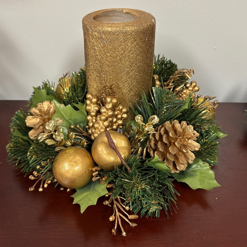 Vintage Candle Ring Christmas Centrepiece Gold Faux Apples Pine Cones Holly